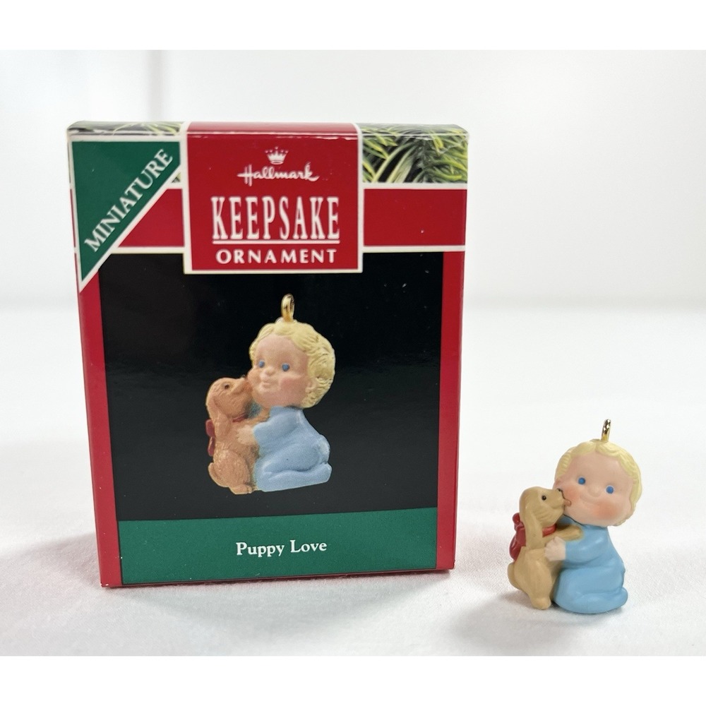 Vintage 1990 Hallmark "Puppy Love" Child & Christmas Dog Gift Ornament Miniature